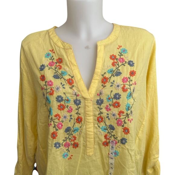 Yellow Floral Embroidered V Neck Pullover Boho Blouse by Passports XL New - Picture 2 of 9